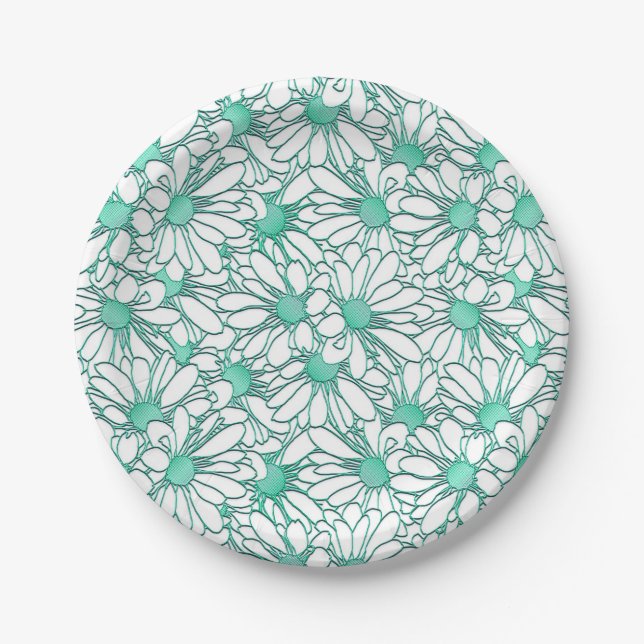 Prato De Papel Belo Teal e Design Floral Branco (Frente)