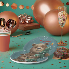 Prato De Papel Belo Urso Bonito Abraçando Árvore de Natal