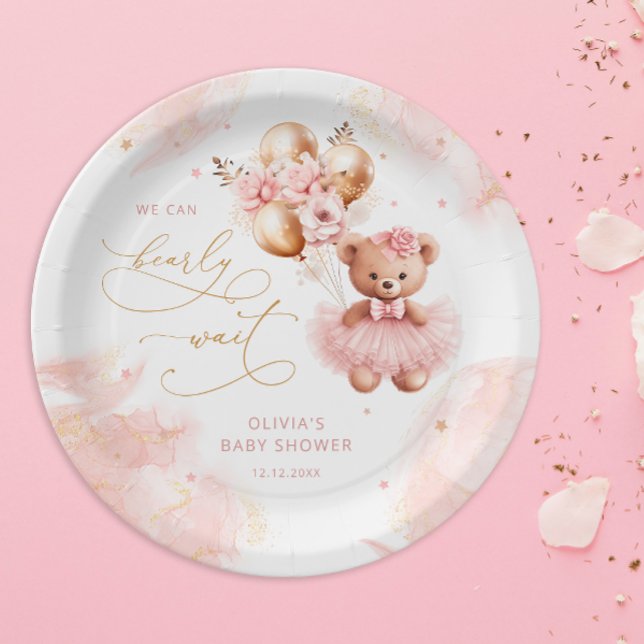 Prato De Papel Belo Urso Dourado Balão Rosa Chá Bebê Rosa (Criador carregado)