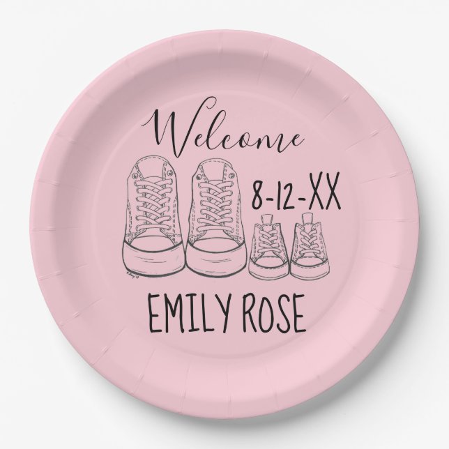 Prato De Papel BEM-VINDO, Calçados-Bebê Chá-Rosa (Frente)