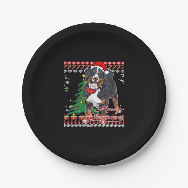 Prato De Papel Bernese Mountain Dog Camisa de Natal Feia (Frente)