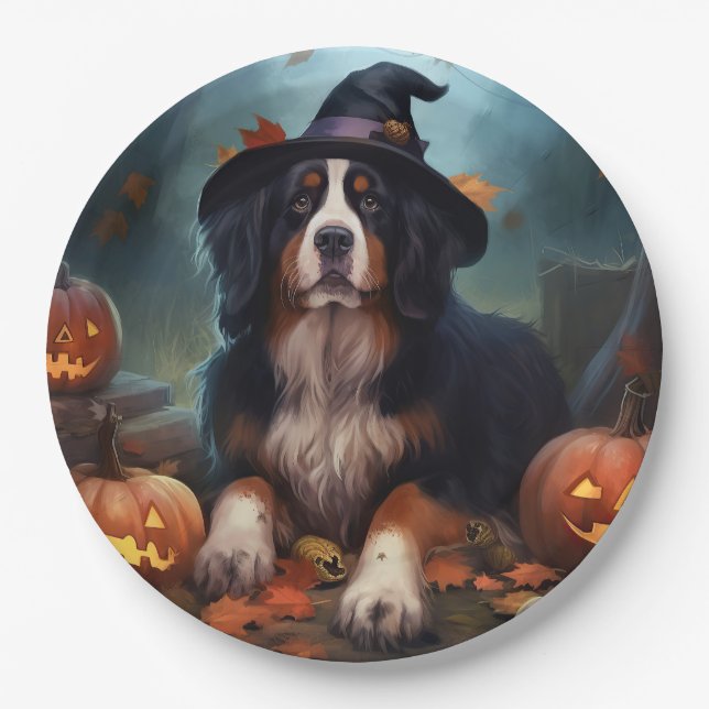 Prato De Papel Bernese Mountain Pumpkins Halloween Assustado (Frente)