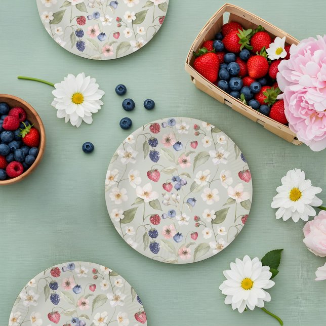 Prato De Papel Berries e Flores Selvagens Chás de fraldas Berry S (Berry Sweet Baby Shower Wild Berries & Flowers Paper Plates)