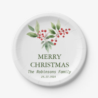 Prato De Papel Berry Branch Watercolor de Natal