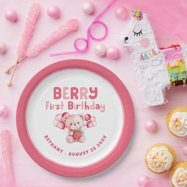 Prato De Papel Berry First Birry Teddy Bear Strawberry Pink bo (Festa)