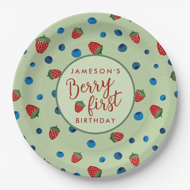 Prato De Papel Berry First Birthday Blueberry e Strawberry (Frente)