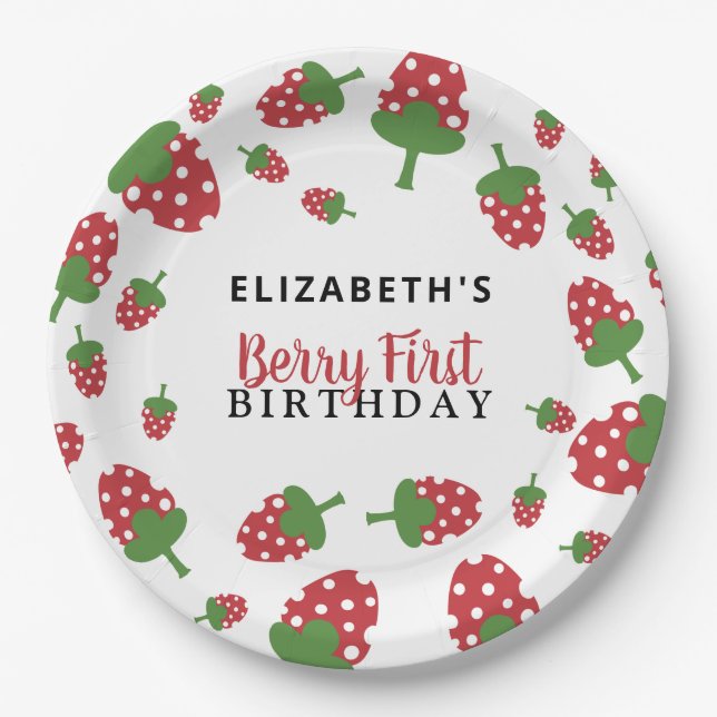 Prato De Papel Berry First Birthday Cute Strawberry Girl Personal (Frente)