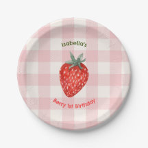 Berry First Birthday Pink & Xadrez Paper Placas