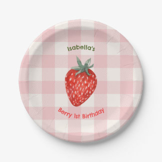 Prato De Papel Berry First Birthday Pink & Xadrez Paper Placas