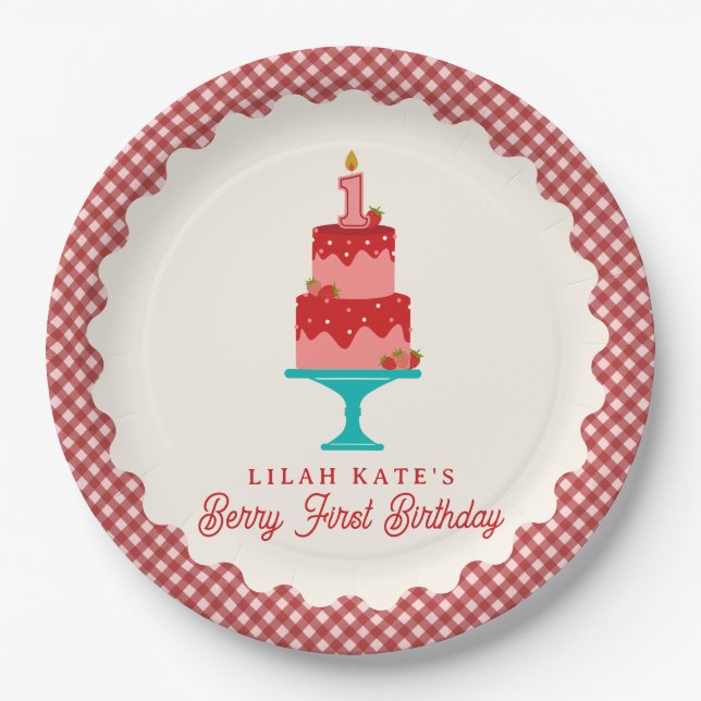 Prato De Papel Berry First Birthday Strawberry Cake (Frente)