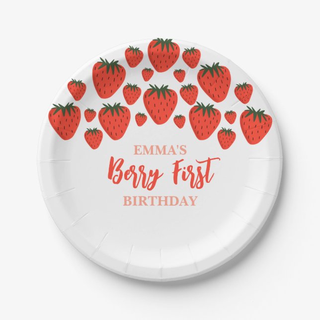 Prato De Papel Berry First Birthday Strawberry Design (Frente)