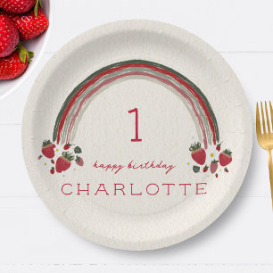 Prato De Papel Berry First Birthday Strawberry Floral Rainbow