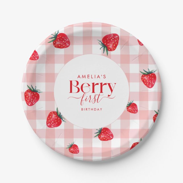 Prato De Papel Berry First Birthday Strawberry Girl (Frente)