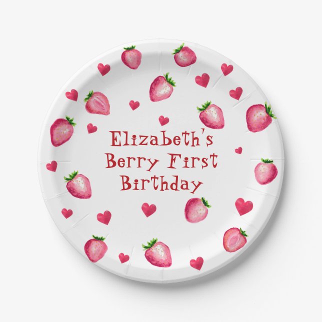 Prato De Papel Berry First Birthday Strawberry Party Hearts (Frente)