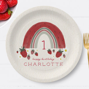Prato De Papel Berry First Birthday Strawberry Rainbow Floral