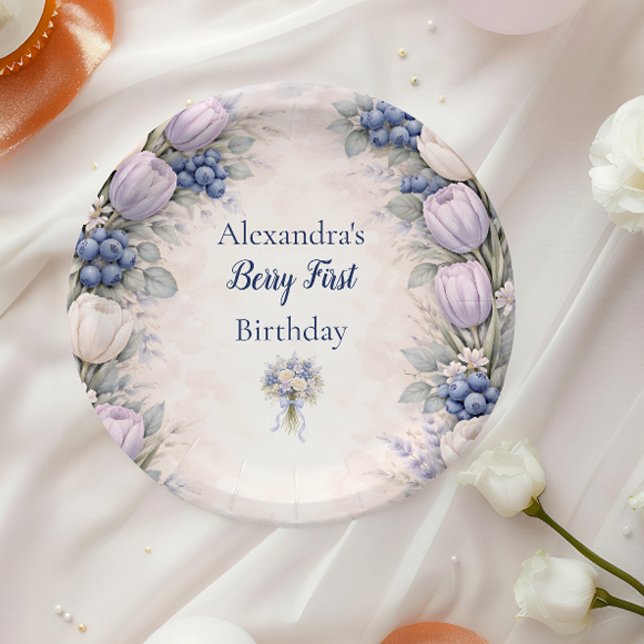 Prato De Papel Berry First Blue Floral Garden 1st Birthday (Criador carregado)