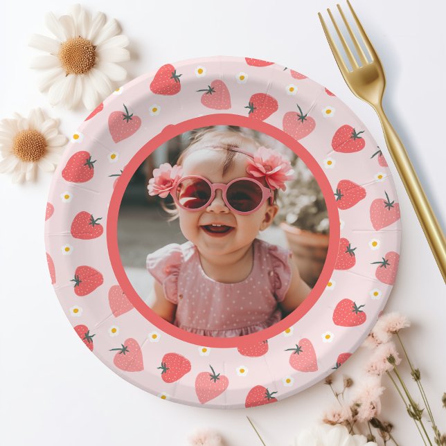Prato De Papel Berry First Photo do Partido do primeiro aniversar (Strawberry 1st Birthday Party Berry First Photo Paper Plates)