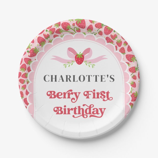 Prato De Papel Berry First Strawberry primeiro aniversario de 7" (Frente)