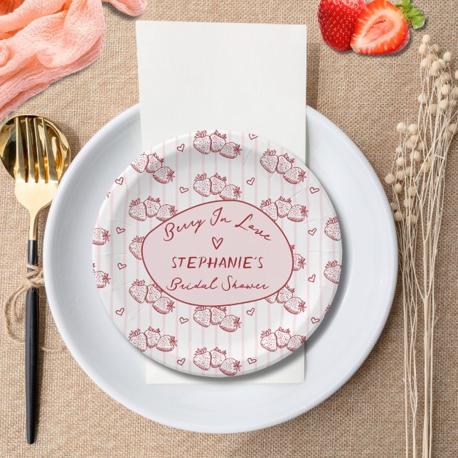 Prato De Papel Berry In Love Pink Red Strawberry Bridal Shower (Criador carregado)