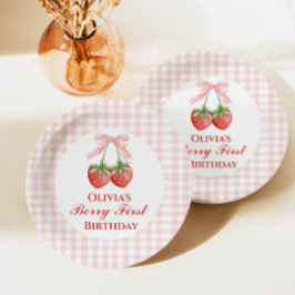 Prato De Papel Berry primeiro aniversário de morango Laço Rosa Gi
