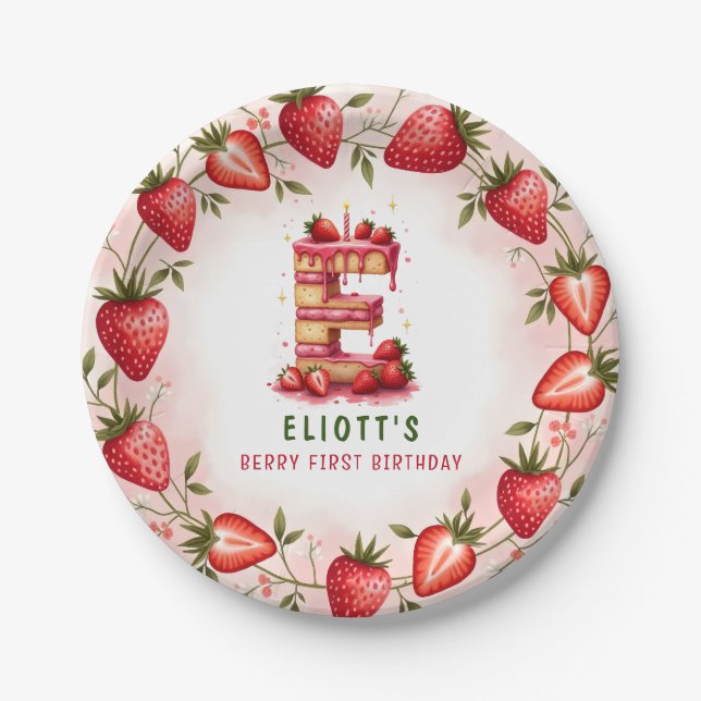 Prato De Papel Berry primeiro aniversario Plate - Letra E Cake De (Frente)