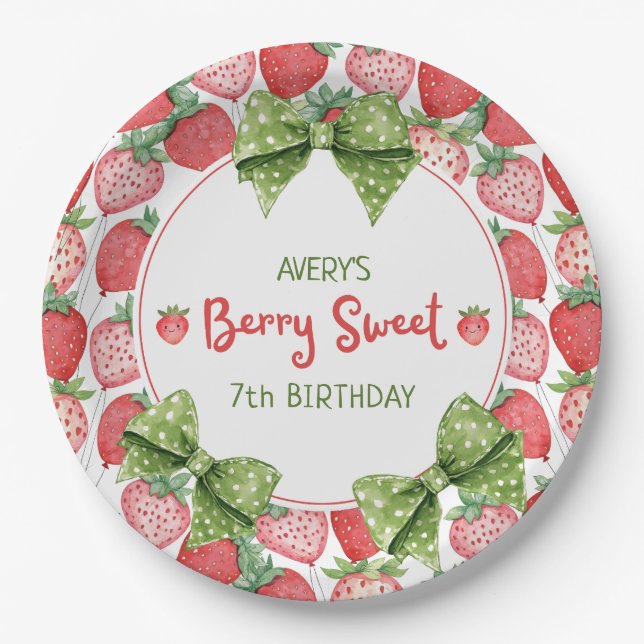 Prato De Papel Berry Sweet 7th Birthday Strawberry Party  (Frente)