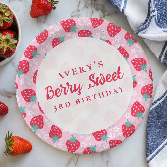 Prato De Papel Berry Sweet Birthday Strawberry Daisy (Criador carregado)
