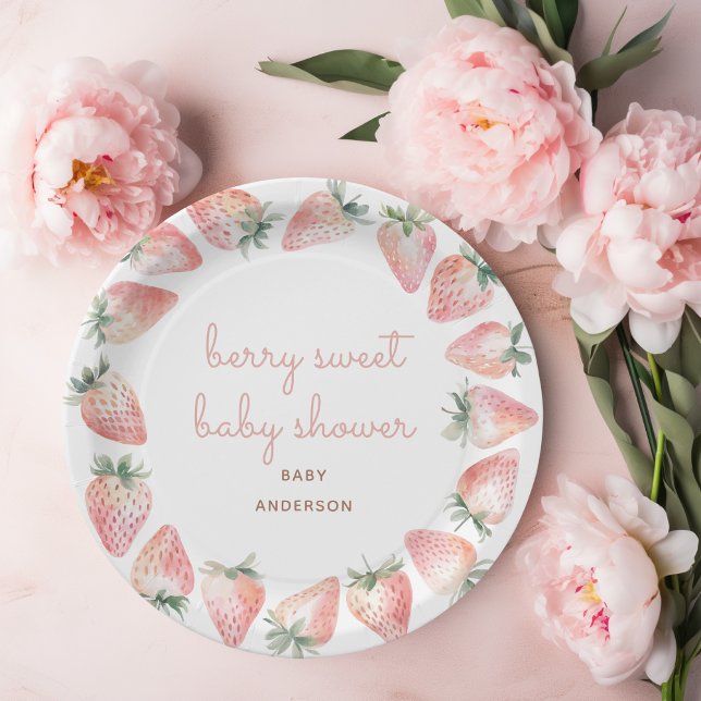 Prato De Papel Berry Sweet Chá de fraldas Strawberry Party (Berry sweet baby shower paper plate with cute watercolor strawberry illustrations)