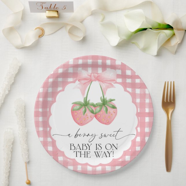 Prato De Papel Berry Sweet Strawberry Pink Gingham Baby Shower (Casamento)