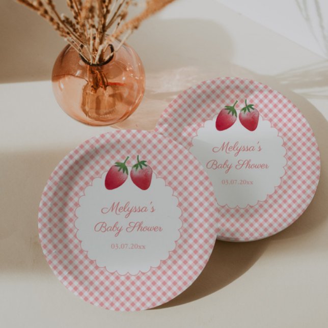 Prato De Papel Berry Sweet Strawberry Themed Chá de fraldas Party (Berry Sweet Girl Strawberries baby shower or birthday party paper plates)