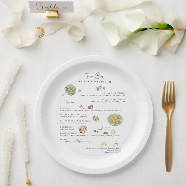 Prato De Papel Bespoke Ilustrado | Taco Bar Wedding Menu (Casamento)