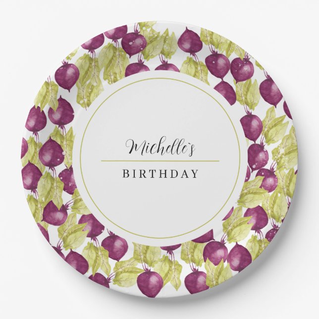 Prato De Papel Beterraba pintada à mão com um monograma (Frente)