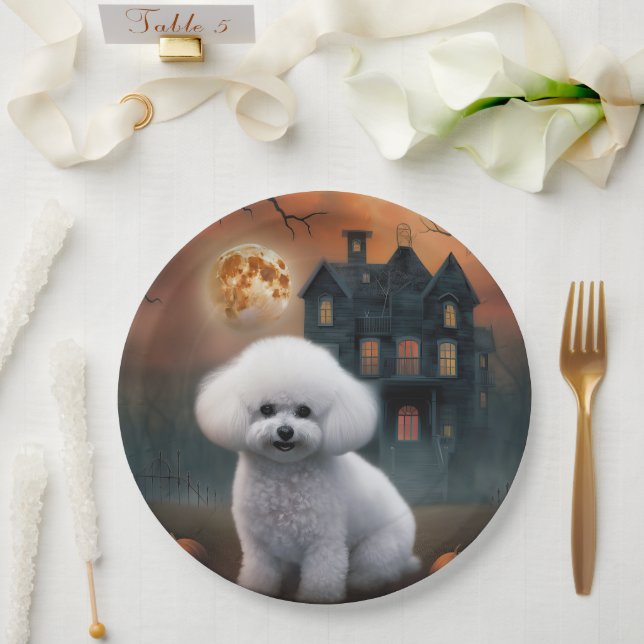 Prato De Papel Bichon Frise Halloween Assustador (Casamento)