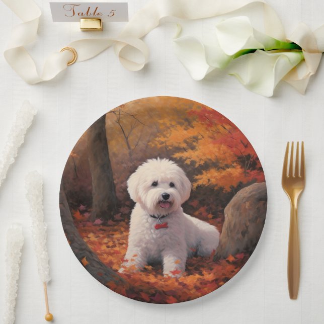 Prato De Papel Bichon Frise nas Folhas do outono Cai Inspire (Casamento)