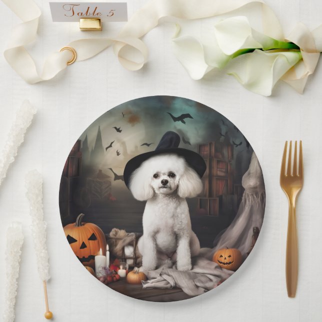 Prato De Papel Bichon Frise Pumpkins Halloween Scary (Casamento)