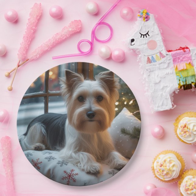 Prato De Papel Biewer Terrier With Christmas Lights Holiday (Festa)