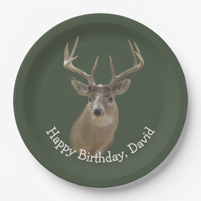 Prato De Papel Big Buck Deer Birthday Em Verde (Frente)
