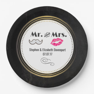Prato De Papel bigode e Lábios Sr. & Sra. Black & Dourado Wedding