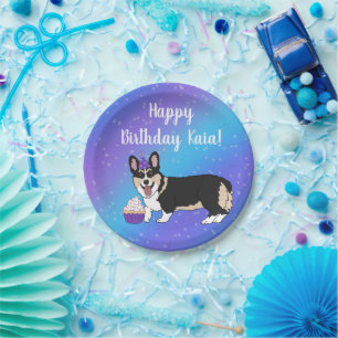 Prato De Papel Birthday Corgis Blue/Purple