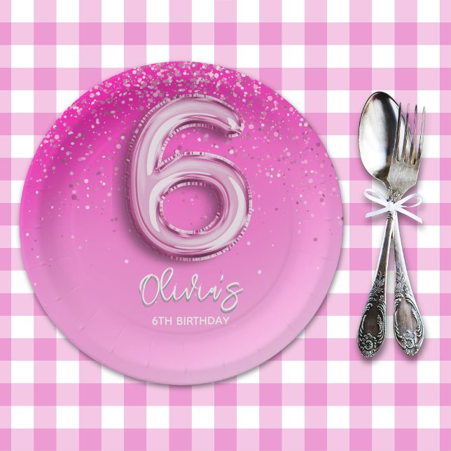 Prato De Papel Birthday Girl 6th - with Pink Ballon Number (Criador carregado)
