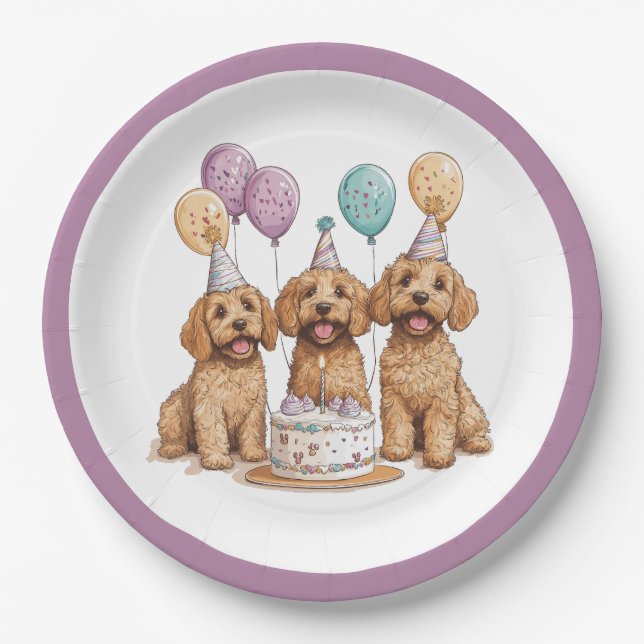 Prato De Papel Birthday Goldendoodle Cães Bolo de Aniversário (Frente)