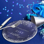 Prato De Papel Birthday navy blue silver glitter dust monogram<br><div class="desc">For a girly and glamorous 21st (or any age) birthday party.  A navy blue background with elegant faux silver dust. The blue color is uneven.  Personalize and add a name and age 21.  White letters.</div>