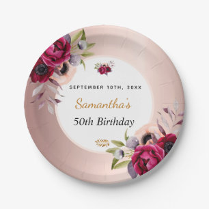 Prato De Papel Birthday rose gold burgundy floral elegante