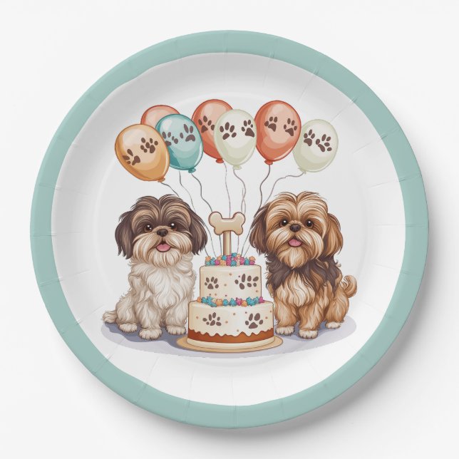 Prato De Papel Birthday Shih Tzu Dogs Birthday Cake (Frente)