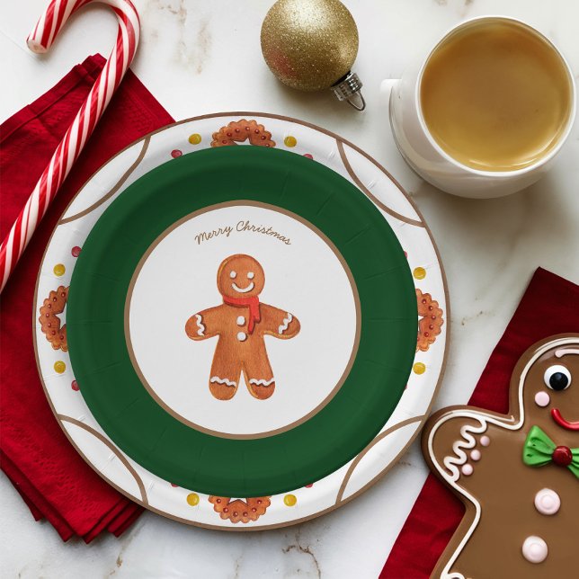 Prato De Papel Biscoito de Pão de Natal Personalizável (Cute Christmas Gingerbread Man Paper Plate with Green Border)