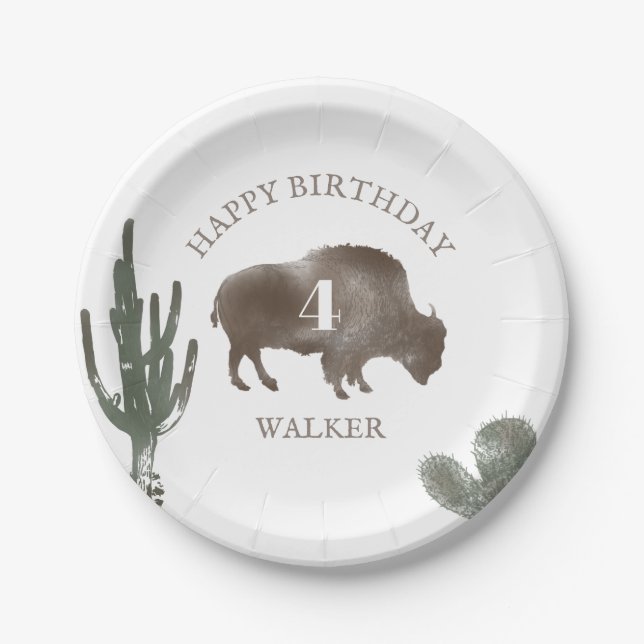 Prato De Papel Bison Desert Cactus Ranch Western Birthday (Frente)