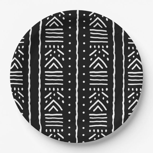 Prato De Papel Black African Bogolan Design Paper Plates (Frente)