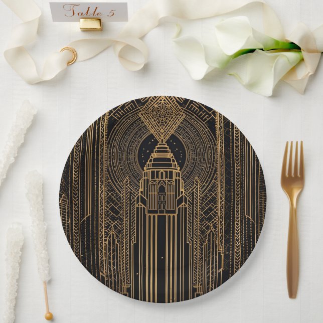 Prato De Papel Black and Gold Art Deco Paper Napkin (Casamento)