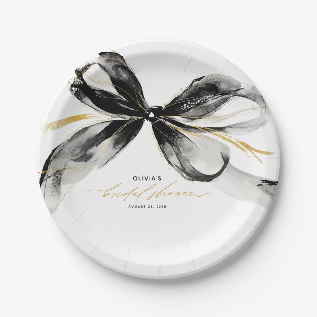 Prato De Papel Black and Gold Bow Sophisticated Bridal Shower (Frente)
