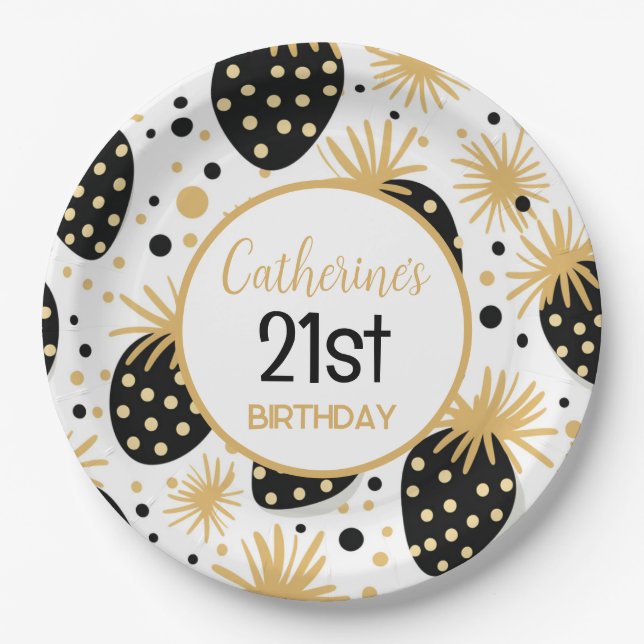 Prato De Papel Black and Gold Strawberry Pattern (Frente)